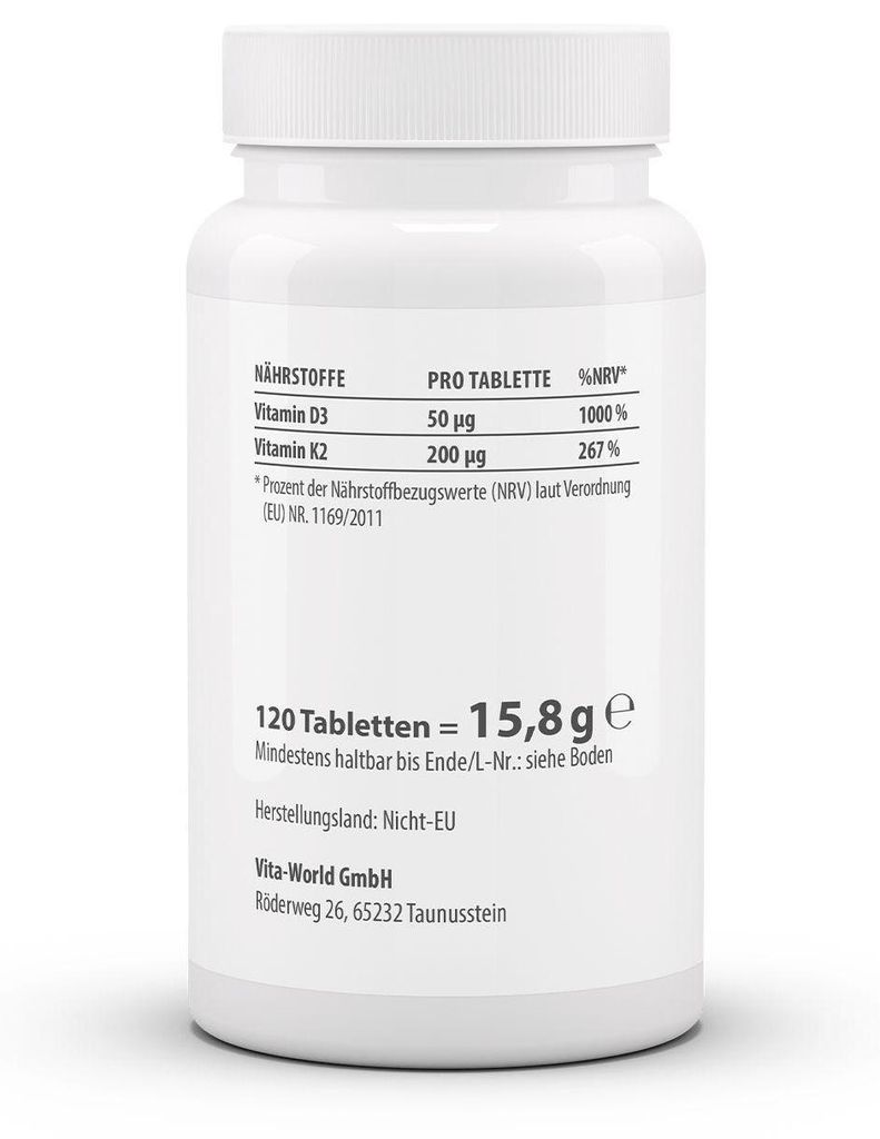 Vitaworld Vitamin D3 2.000 I.E. + K2 MK7 200 µg Tabletten, Produktbild 