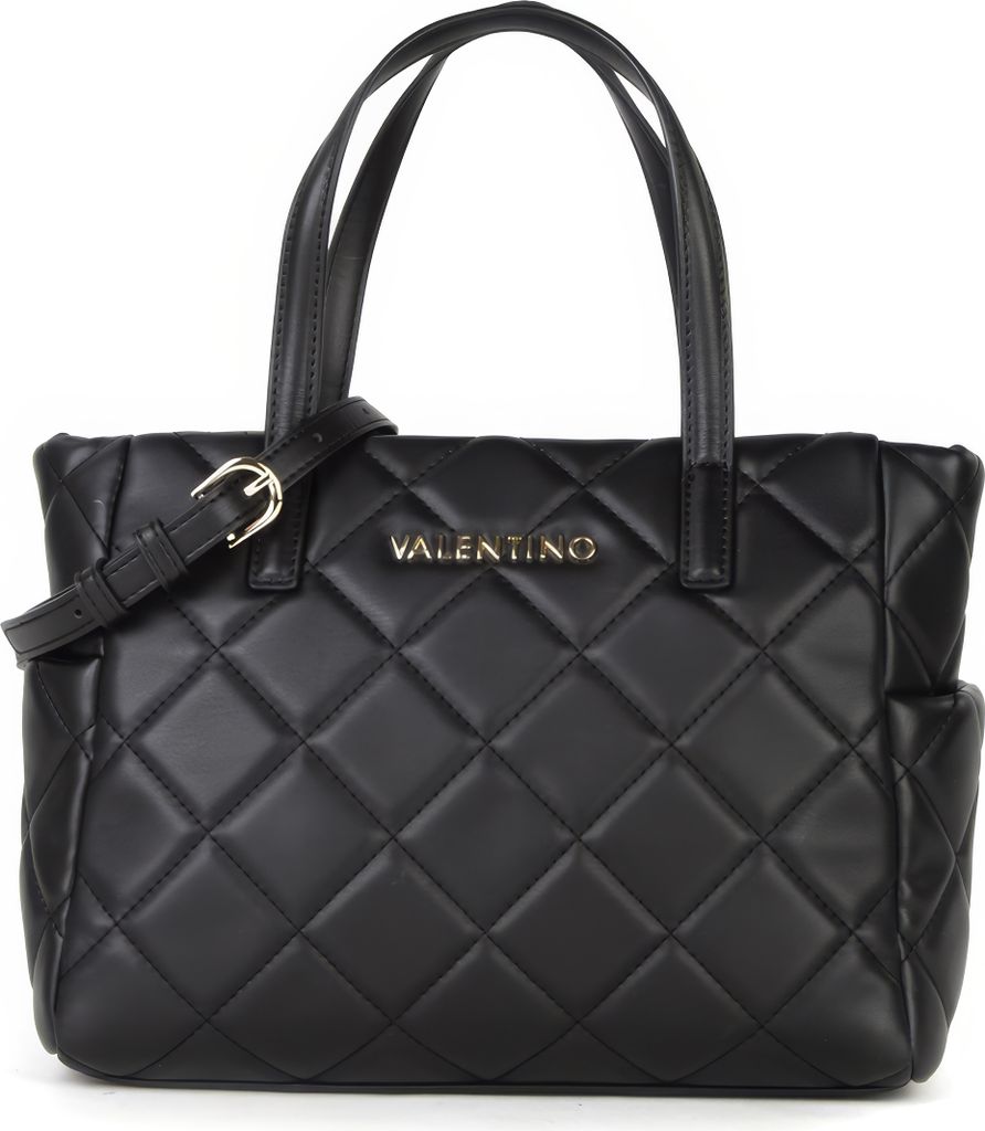 A black quilted Valentino handbag is shown against a white background.