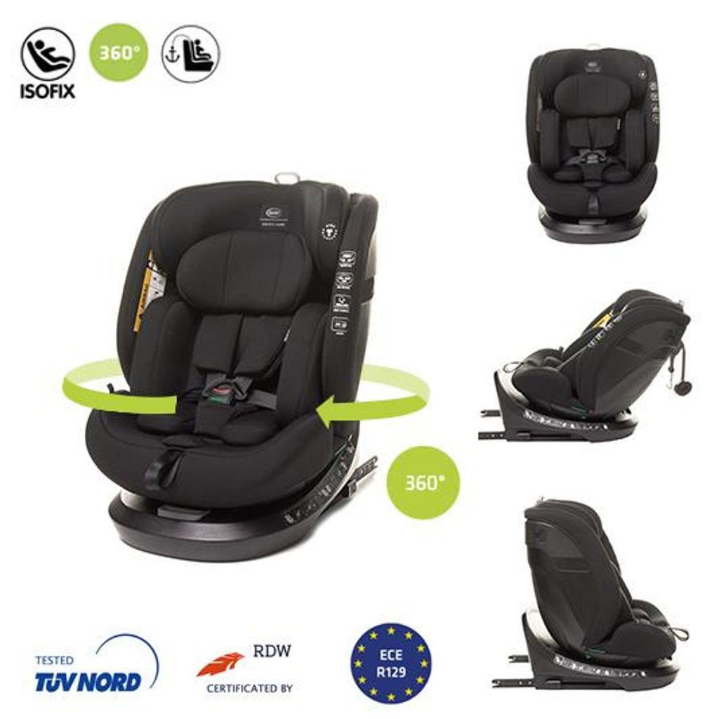A collage showing a black car seat from different angles and with various informational icons.
