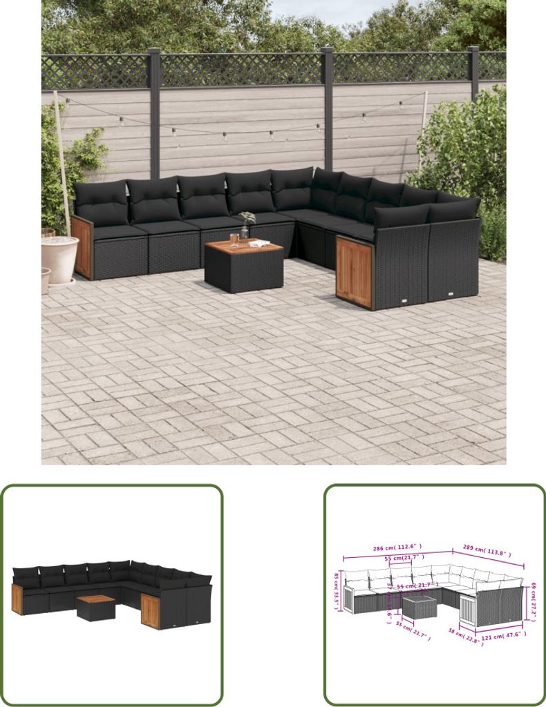 The Living Store 11-tlg. Garten-Sofagarnitur mit Kissen Schwarz Poly Rattan