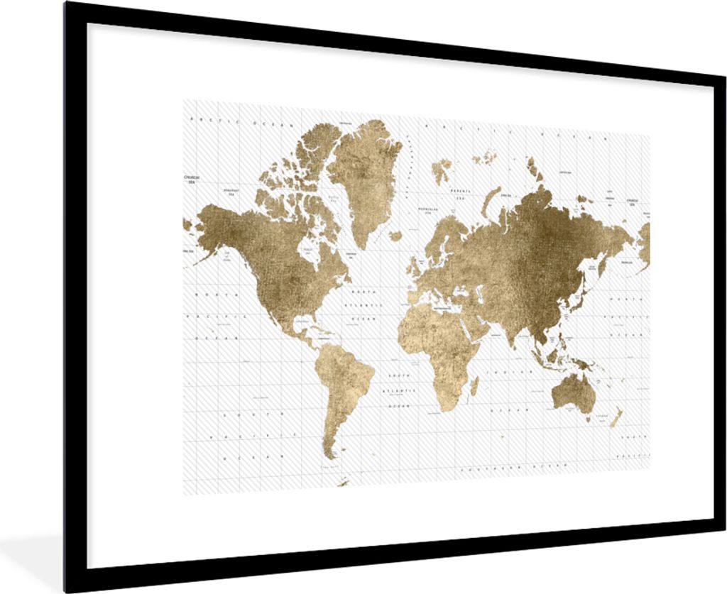 MuchoWow MuchoWow Gerahmtes Poster Weltkarte - Gold - Glitter 90x60 cm - Poster mit zchwarzem Bilderrahmen - Wanddekoration - Fotos