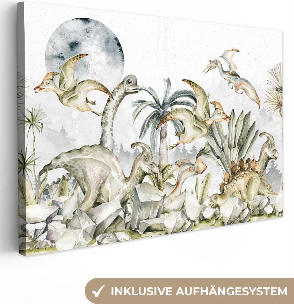 MuchoWow - Leinwandbilder - Dinosaurier - Kinder - Dschungel - Grün - Tiere - Natur, Wandbild, Wanddeko Bilder Wohnzimmer, 30x20 cm