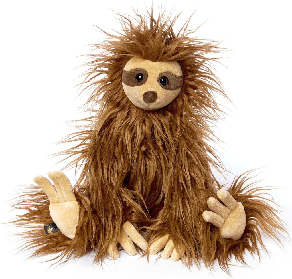 A stuffed toy sloth sitting on a white background.