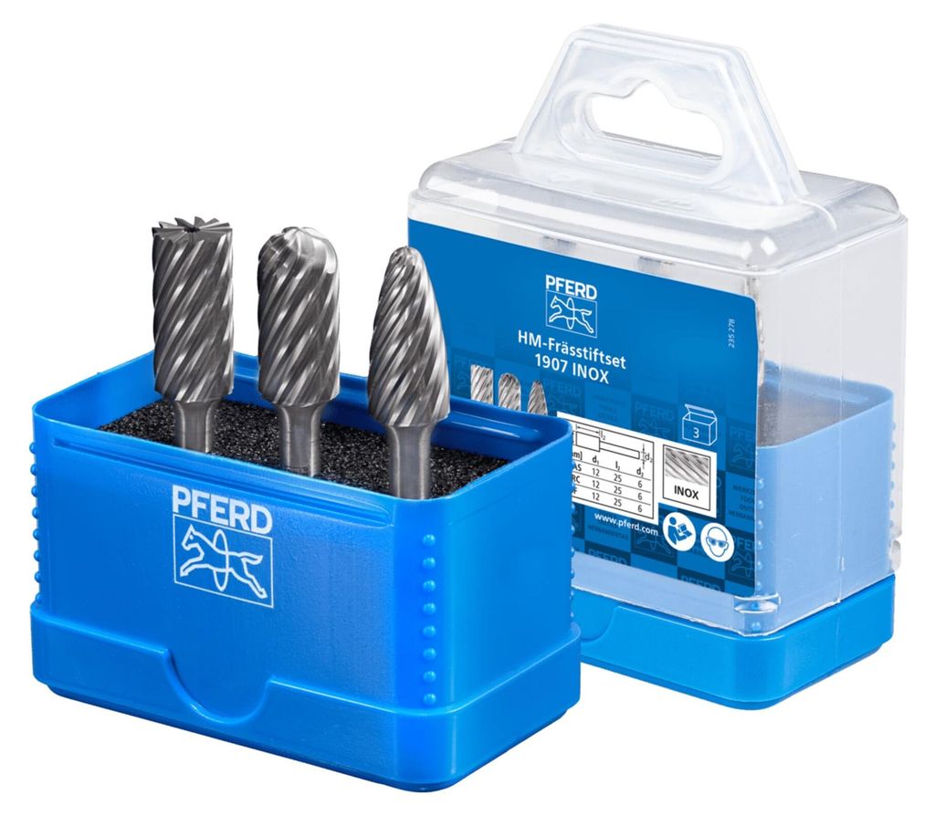 PFERD TOOLS Hartmetall Hochleistungsfrässtift Set 1907 INOX 3-tlg. Ø 12mm Schaft-Ø 6 mm für Edelstahl