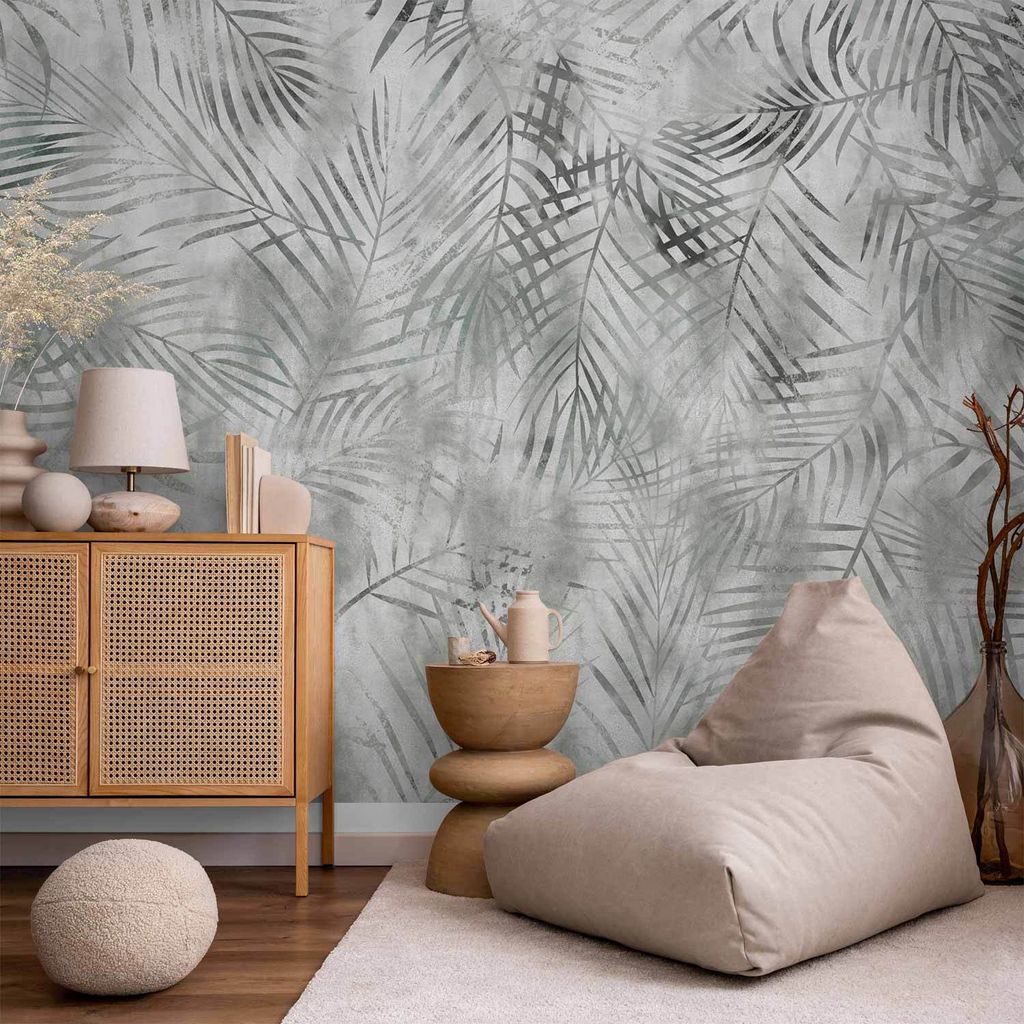 Vlies Fototapete - Minimalist landscape - nature motif with grey exotic leaves 300x210 cm Blätter b-A-10140-a-a