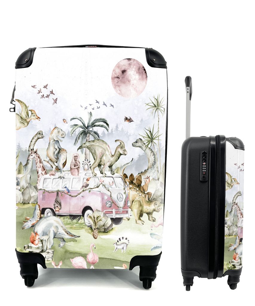 MuchoWow Koffer Handgepäck Trolley Rollkoffer Kleine Reisekoffer mit 4 Rollen - Dinosaurier - Kinder - Bus - Bäume - Tiere - Kinder - Cabin Siz...