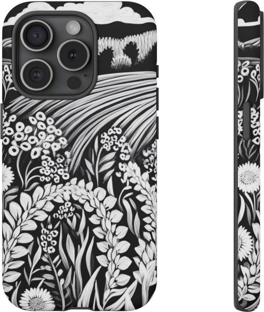 Schwarz-weißes Folklore-Blumenmotiv – Hülle Kompatibel mit iPhone 15 Pro