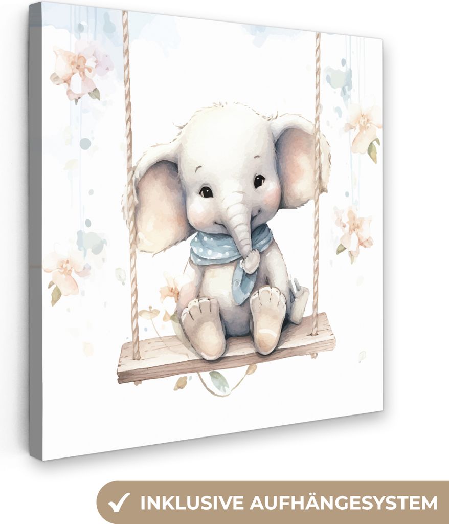 MuchoWow - Leinwandbilder - Elefant - Tier - Kinder, Wandbild, Wanddeko Bilder Wohnzimmer, 20x20 cm