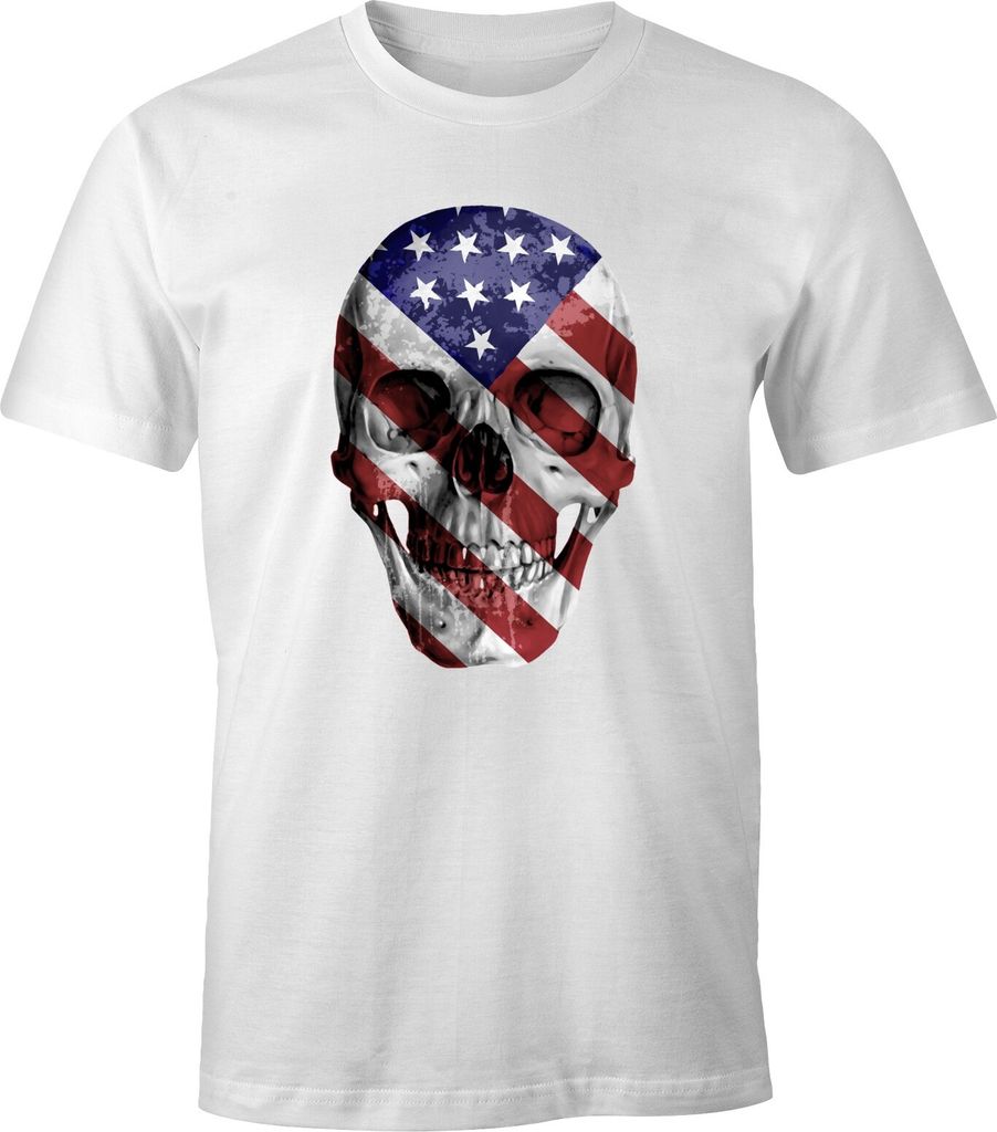 Herren T-Shirt - USA Amerika Flagge Skull Totenkopf - Comfort Fit MoonWorks weiß 3XL
