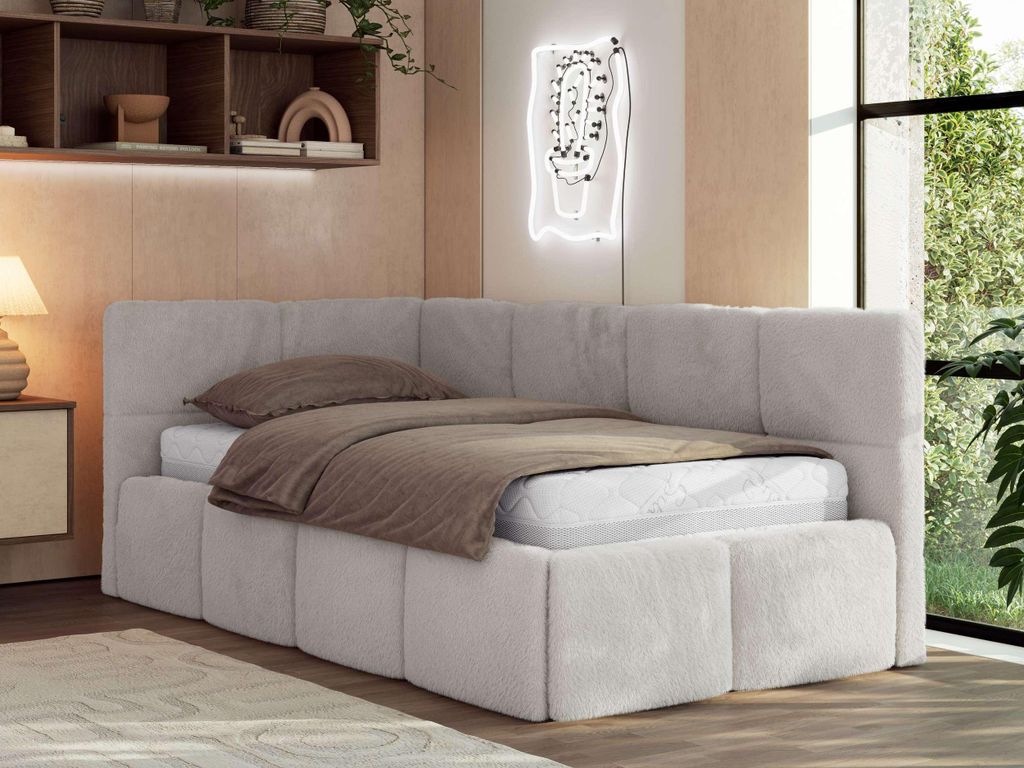 MKS MEBLE Jugendbett 90x200 cm ARVO Polsterbett mit Bettkasten, Mettalrahmen Stauraum & Gasdruckfeder, ohne Matratze - Hellgrau Plüsch - Links Seite