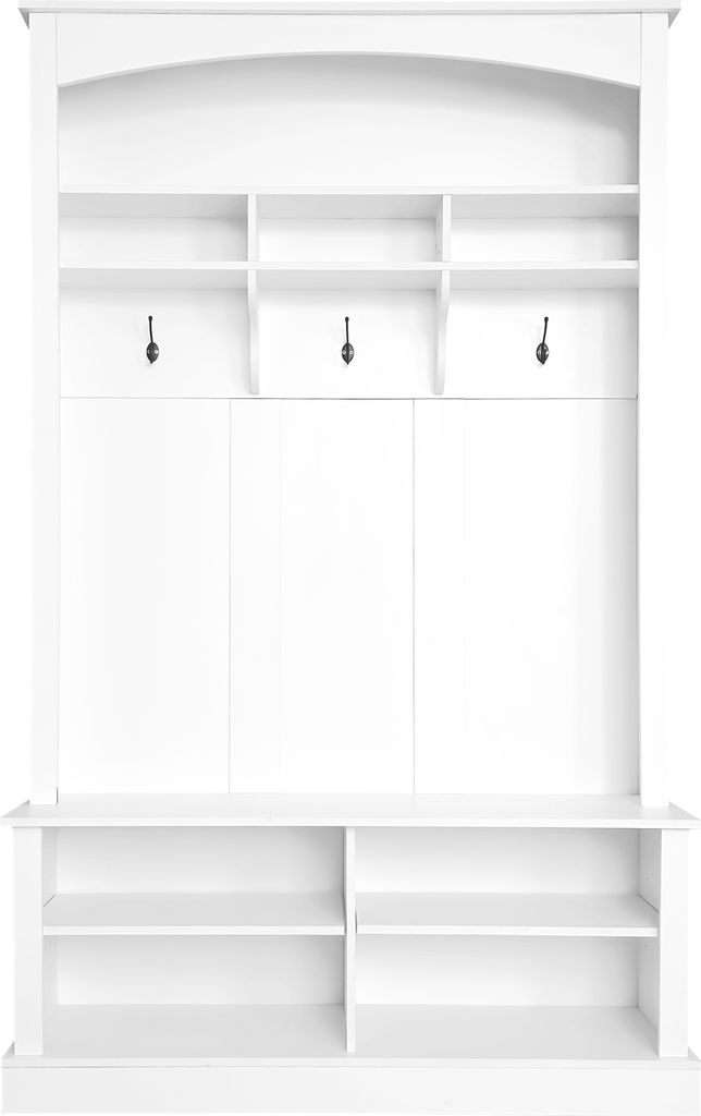 A white hall tree with shelves and hooks against a white background.