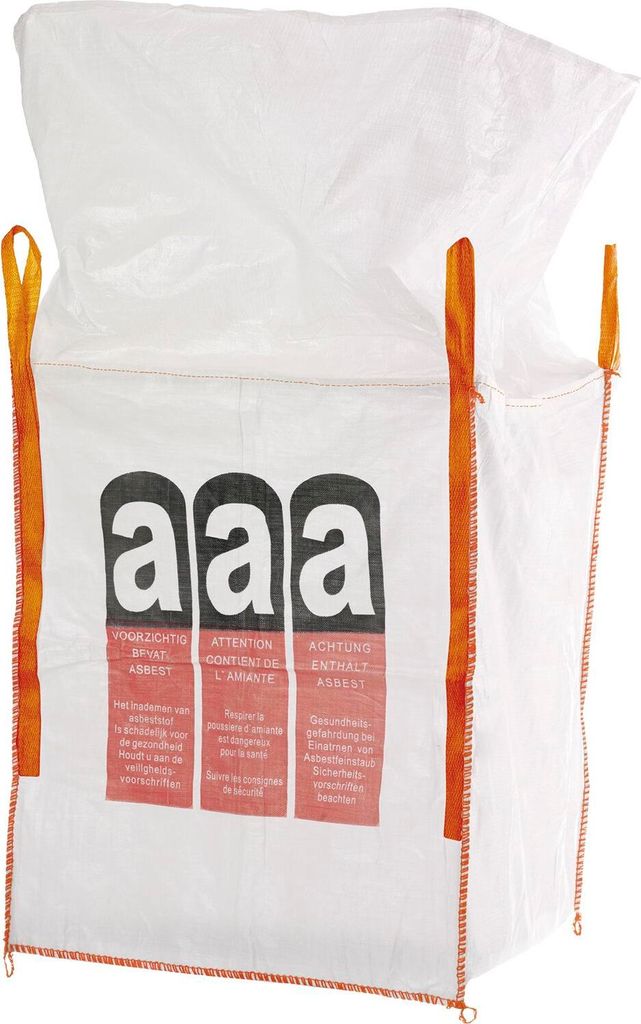 A white Big Bag container with orange straps and text labels.