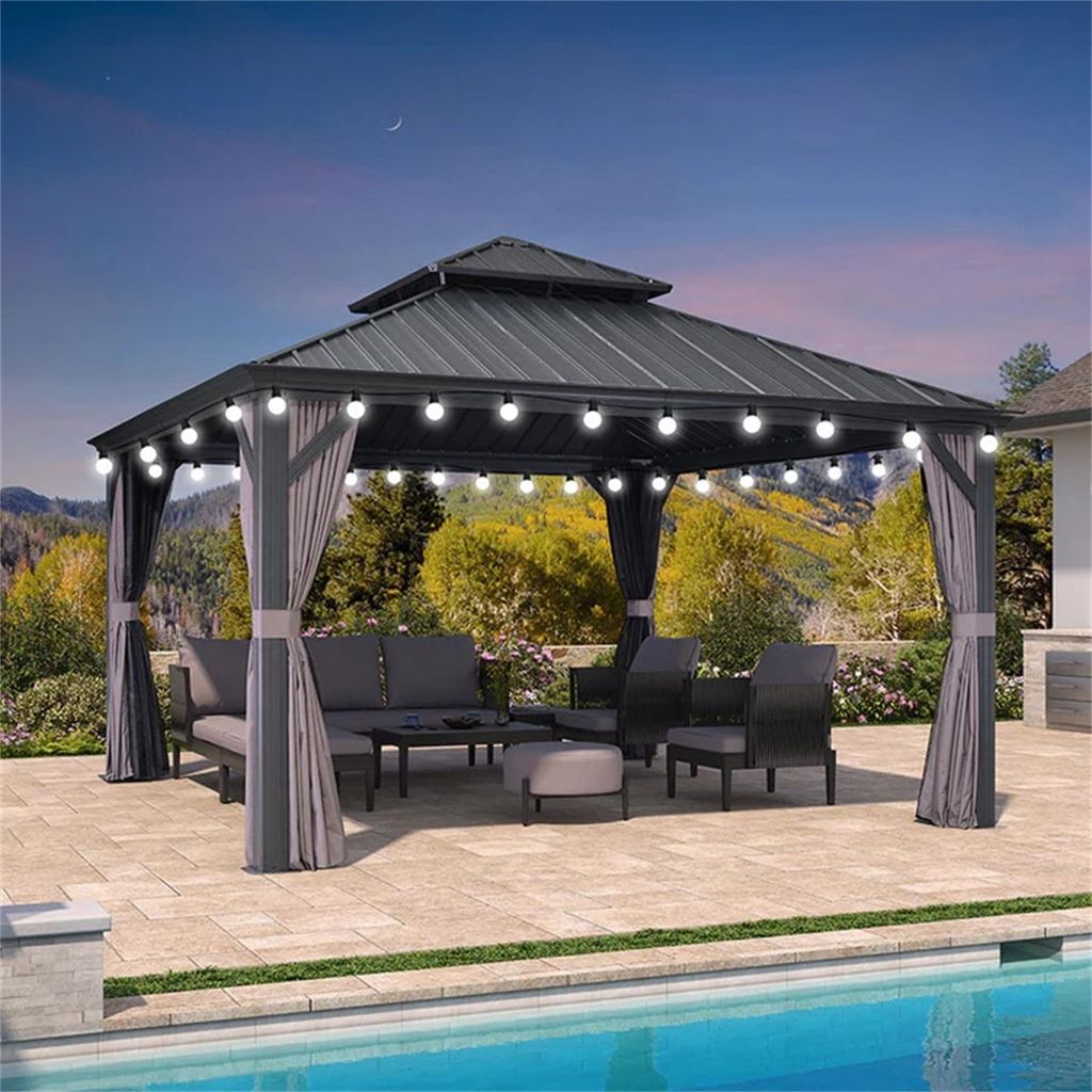 PURPLE LEAF Hardtop Pavillon 4x4.6m wasserdicht winterfest und stabil für den Garten,Grau,mit Beleuchtung