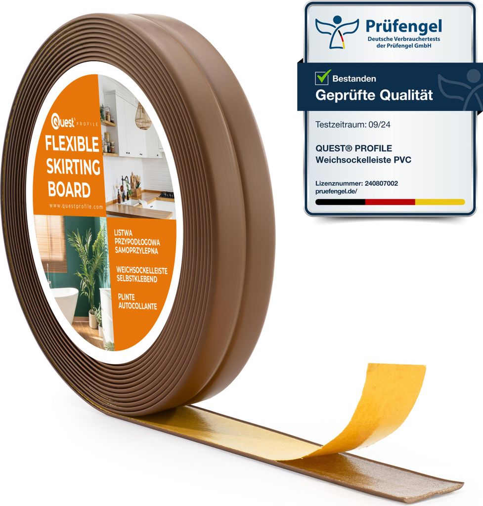 A roll of brown flexible skirting board with adhesive backing is shown, with a certification badge on the right.