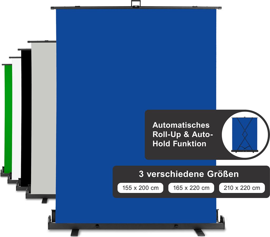 Walimex pro Roll-up Panel Hintergrund blau 155 x 200 cm, Fotohintergrund mit Transportbox, Hintergrundsystem für Fotostudio, knitterfreie Fotolein...