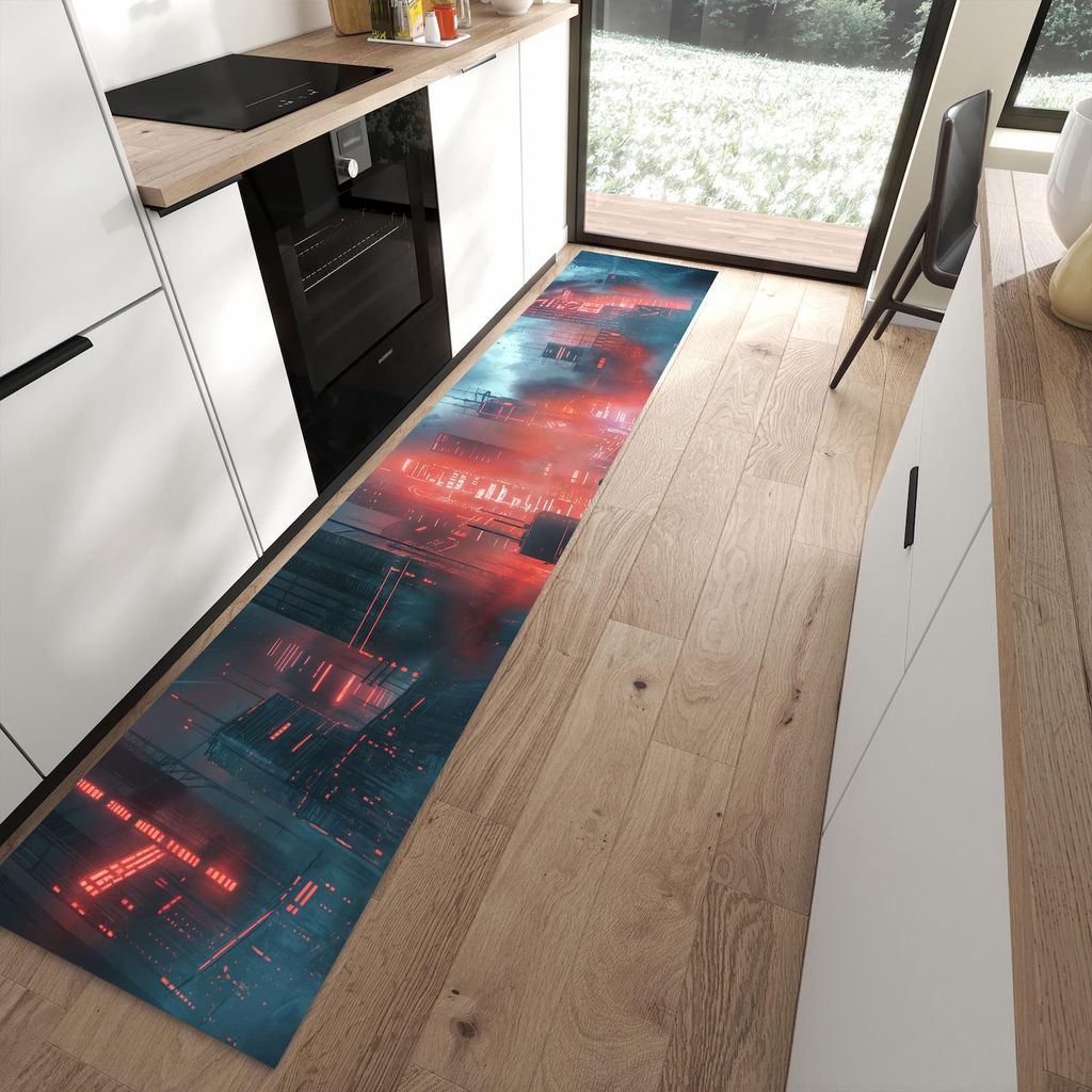 Küchenteppich 60x300cm rutschfest & abwischbar PVC Läufer - Neonstadt
