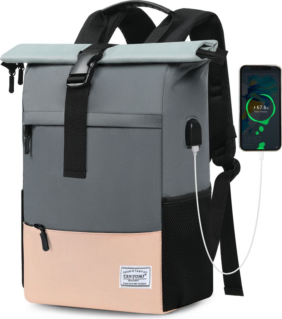 Mofut Freizeitrucksack Arbeitsrucksack Groß Damen lässiger Rolltop Rucksack Herren Backpack, mit Laptopfach bis 15,6 zoll und externen USB-Anschluss