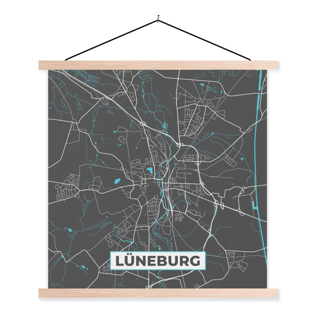 MuchoWow Textilposter Stadtplan - Lüneburg - Deutschland - Karte 60x60 cm mit holzfarbenen Rahmen - Wanddekoration