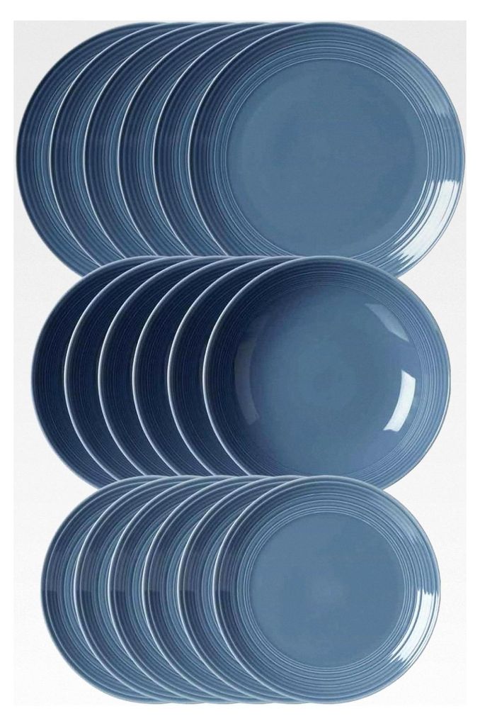 Teller-Set 18-teilig, Speiseteller (27 cm), Suppenteller (22 cm) und Dessertteller (21 cm) mit Rillenrelief, skandinavisches Design, Porzellan, Blau