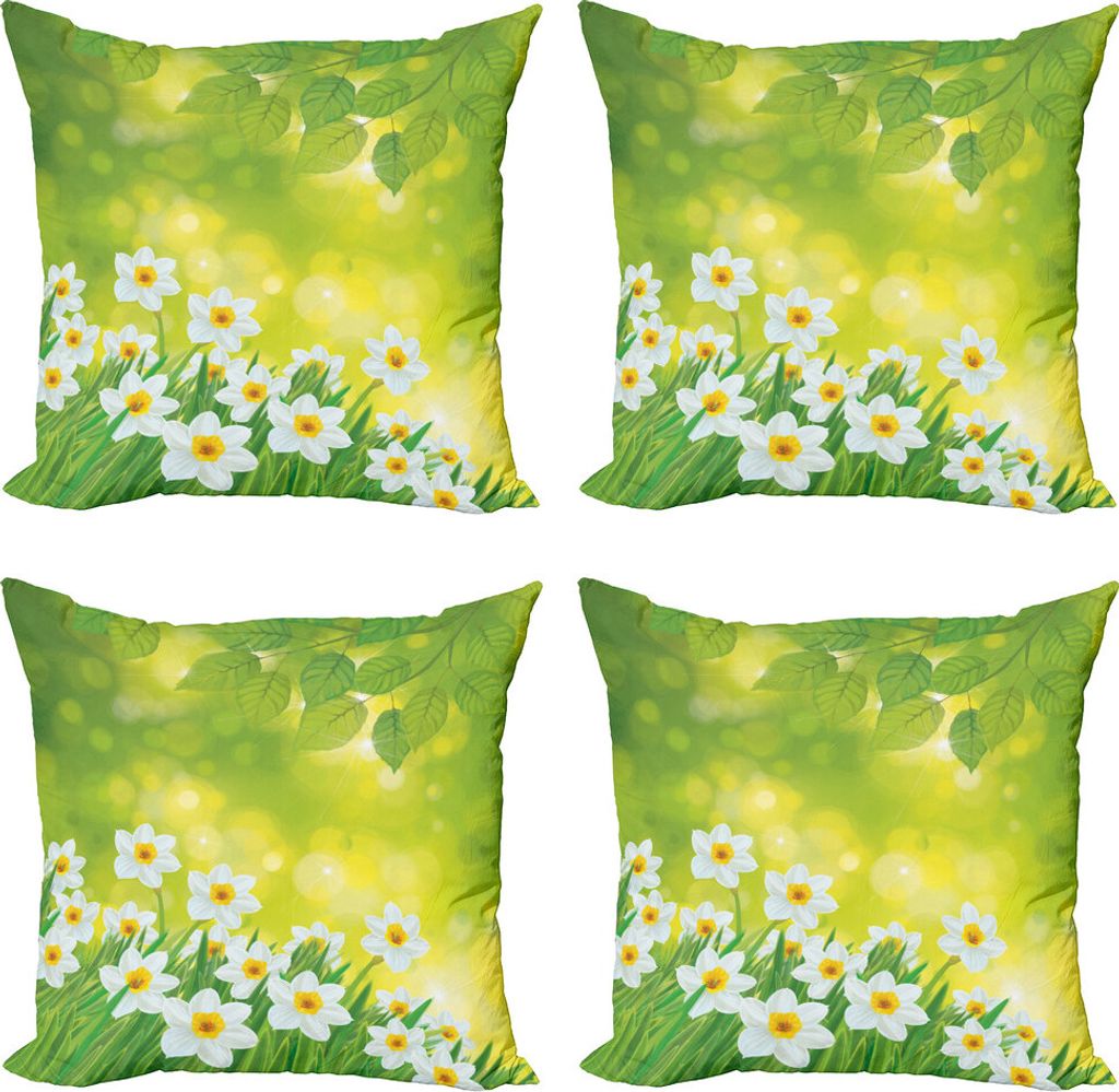 ABAKUHAUS Narzisse Kissenbezug Set (4 Stück), Narzissen Frühlings-Blumenblätter, Moderner Doppelseitiger Digitaldruck, 50 cm x 50 cm, Grün Gelb