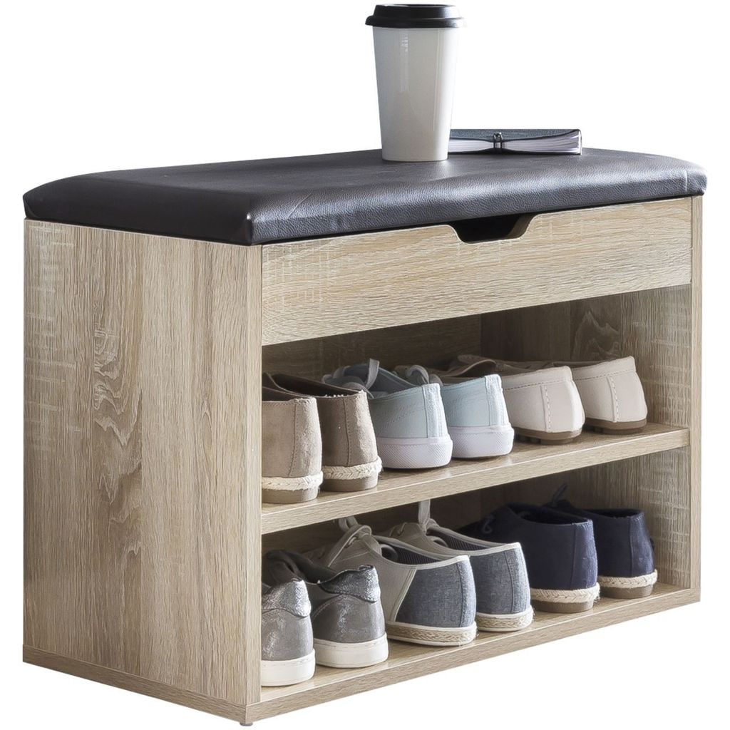 Schuhbank mit Sitzfläche Sonoma Garderoben-Bank Holz 60 x 40 x 30 cm, Holzbank klein gepolstert, Sitzbank schmal Flur mit Stauraum, Truhenbank Sch...