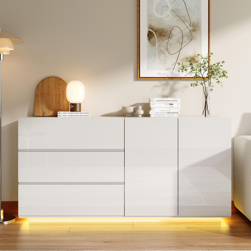 Credenza ProximaX con 2 ante e 3 cassetti, bianco lucido, Immagine del prodotto 