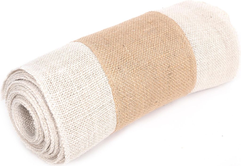 Jute Tischläufer 30 cm breit – Natur & Weiß – Meterware – 100 % Jute – Boho Deko, rustikal, Hochzeit, DIY, Tischdeko (N-11)