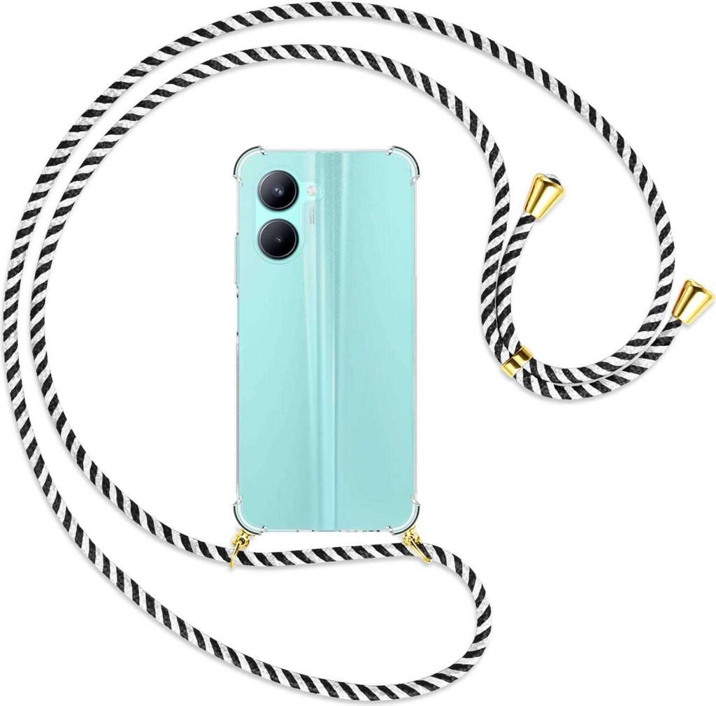 Handykette Backcover-Schutzhülle mit Band (Metall goldfarben) für Realme C33 (RMX3624, 6.5'') - schwarz/weiß gestreift
