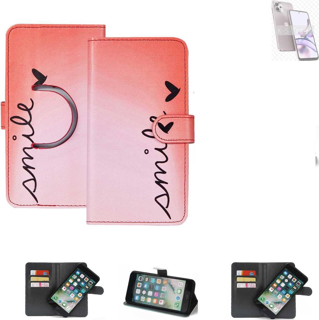 K-S-Trade Schutzhülle Handyhülle kompatibel mit Motorola Moto G13 Hülle cover bookstyle Etui “smile“ rot Standfunktion Kameraschutz (1Stk)