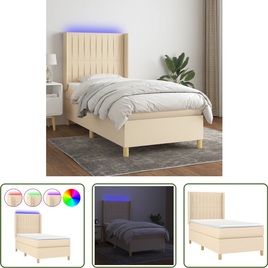 The Living Store Boxspringbett mit Matratze & LED Creme 80x200 cm Stoff