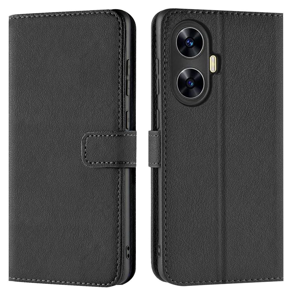 A black flip case for a Realme C55 phone is shown from two angles.