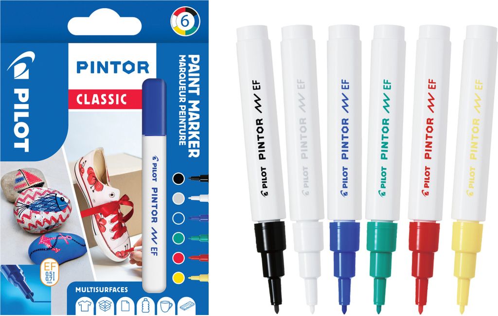 PILOT PINTOR Kreativmarker 6er Set – 0.4mm extra feine Spitze, Klassische Farben