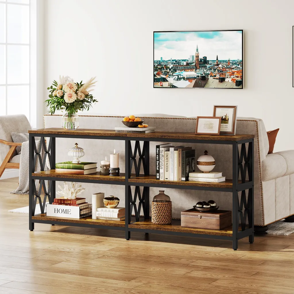 Table console industrielle à 3 niveaux en bois rustique et métal noir - 9