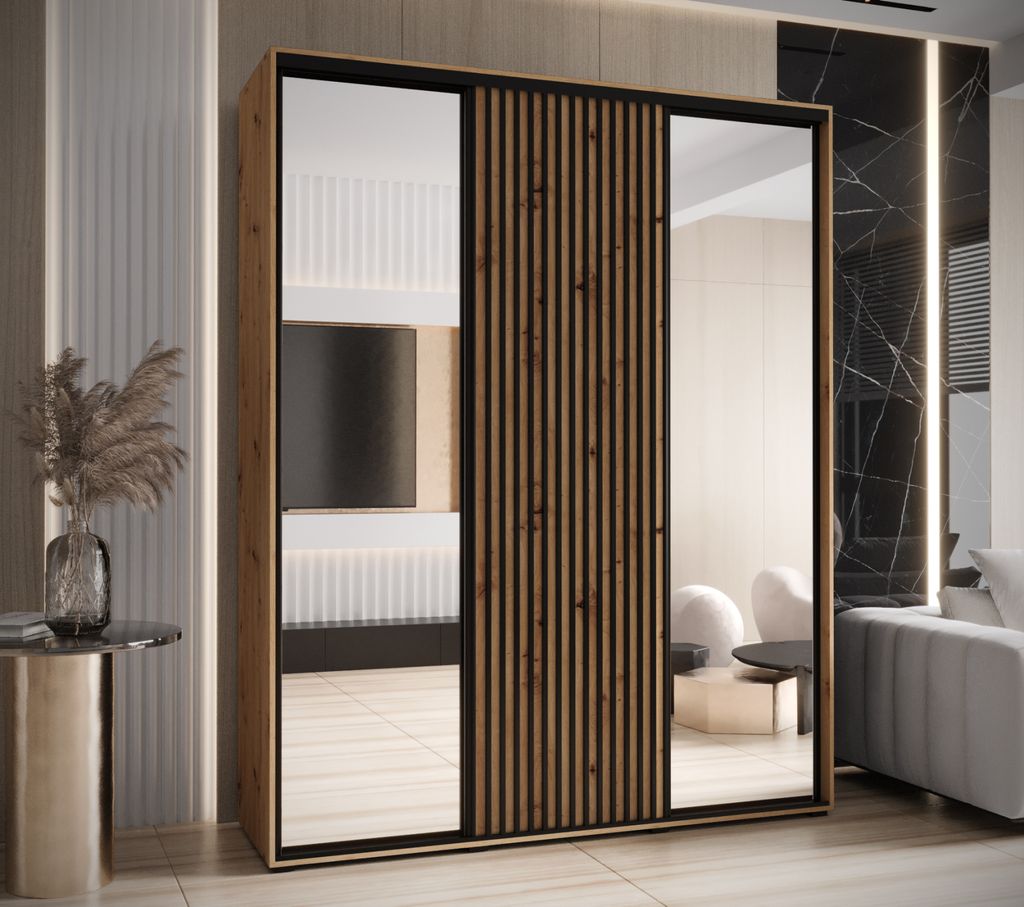 Kleiderschrank BAYLIN 2 – 190/60 cm, Eiche Artisan / Eiche Artisan / Schwarz