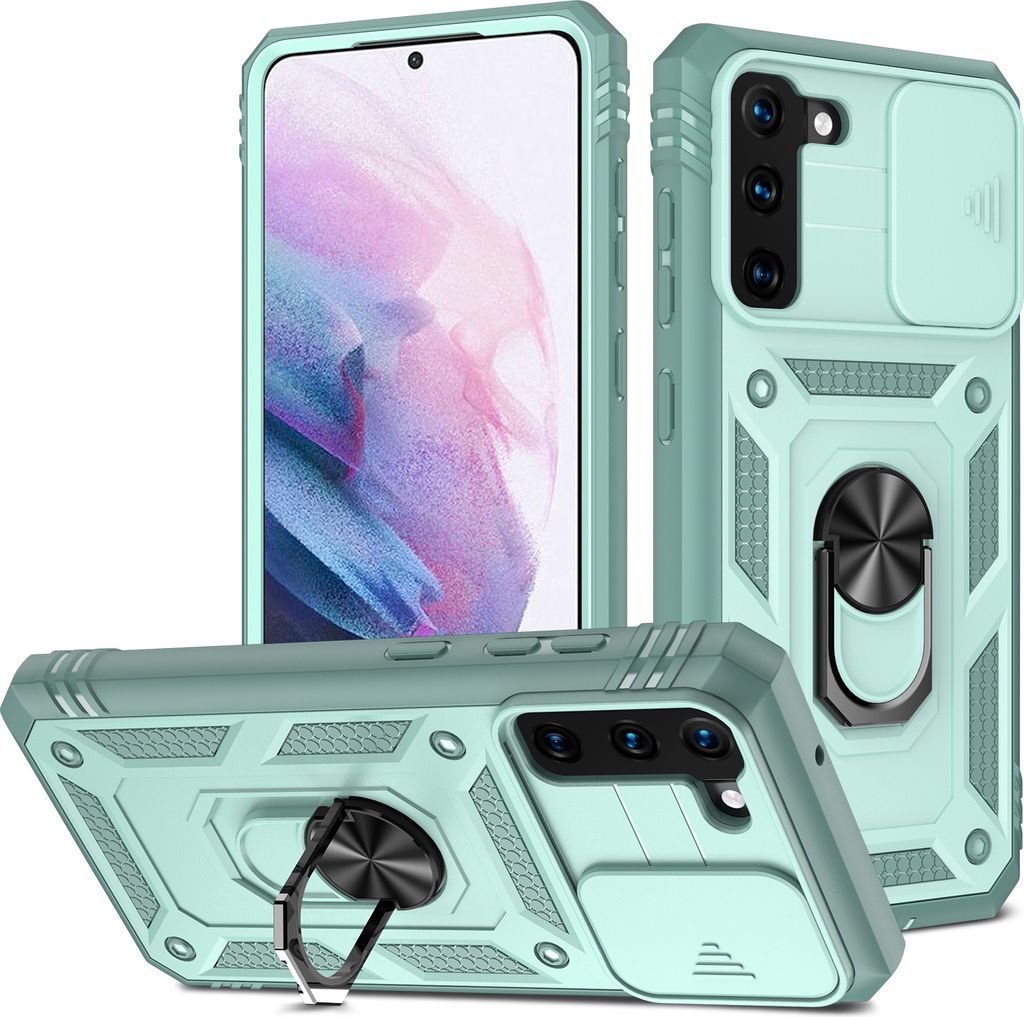 Galaxy S21 FE 5G Hülle, Schiebe Kamera Schutz Robust Rüstung Stoßfest Schutzhülle mit Ringhalterung Ständer Kartenhalter für Samsung Galaxy S...