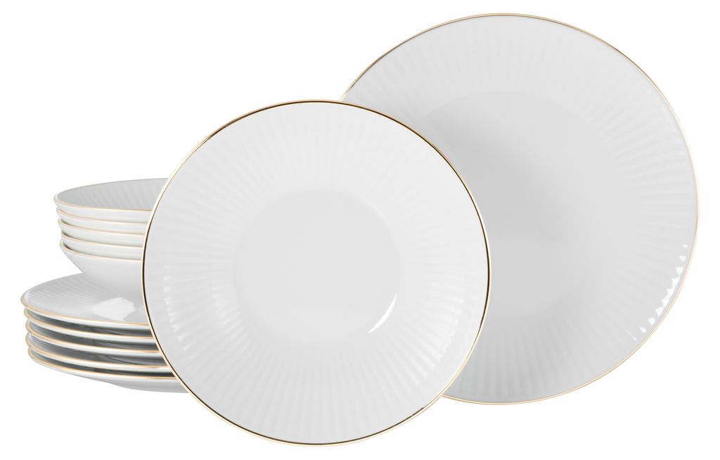 A set of white porcelain plates and bowls with a gold rim, stacked and arranged on a white background.