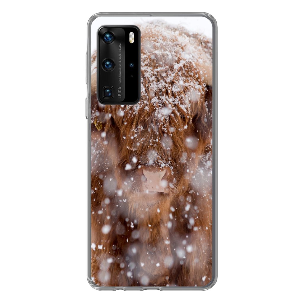 MuchoWow Handyhülle Schutzhülle Hülle für Huawei P40 Pro Schottischer Highlander - Hörner - Schnee Silikon Softcase Handy Hülle - Schutz