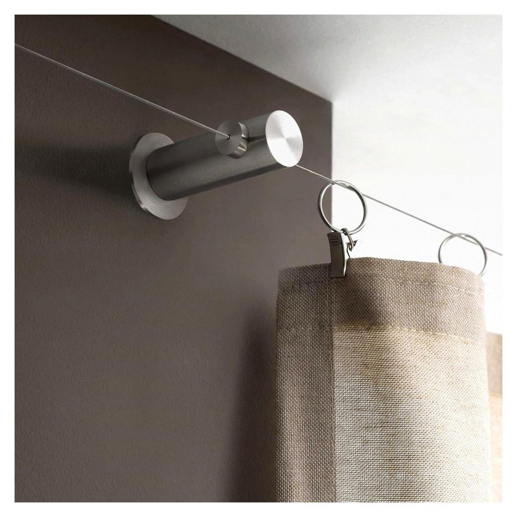 Zwischenträger für Seilspannsysteme, Wandabstand 4,4 cm, Edelstahl matt, Mittelstütze für Gardinendraht und Vorhangseil