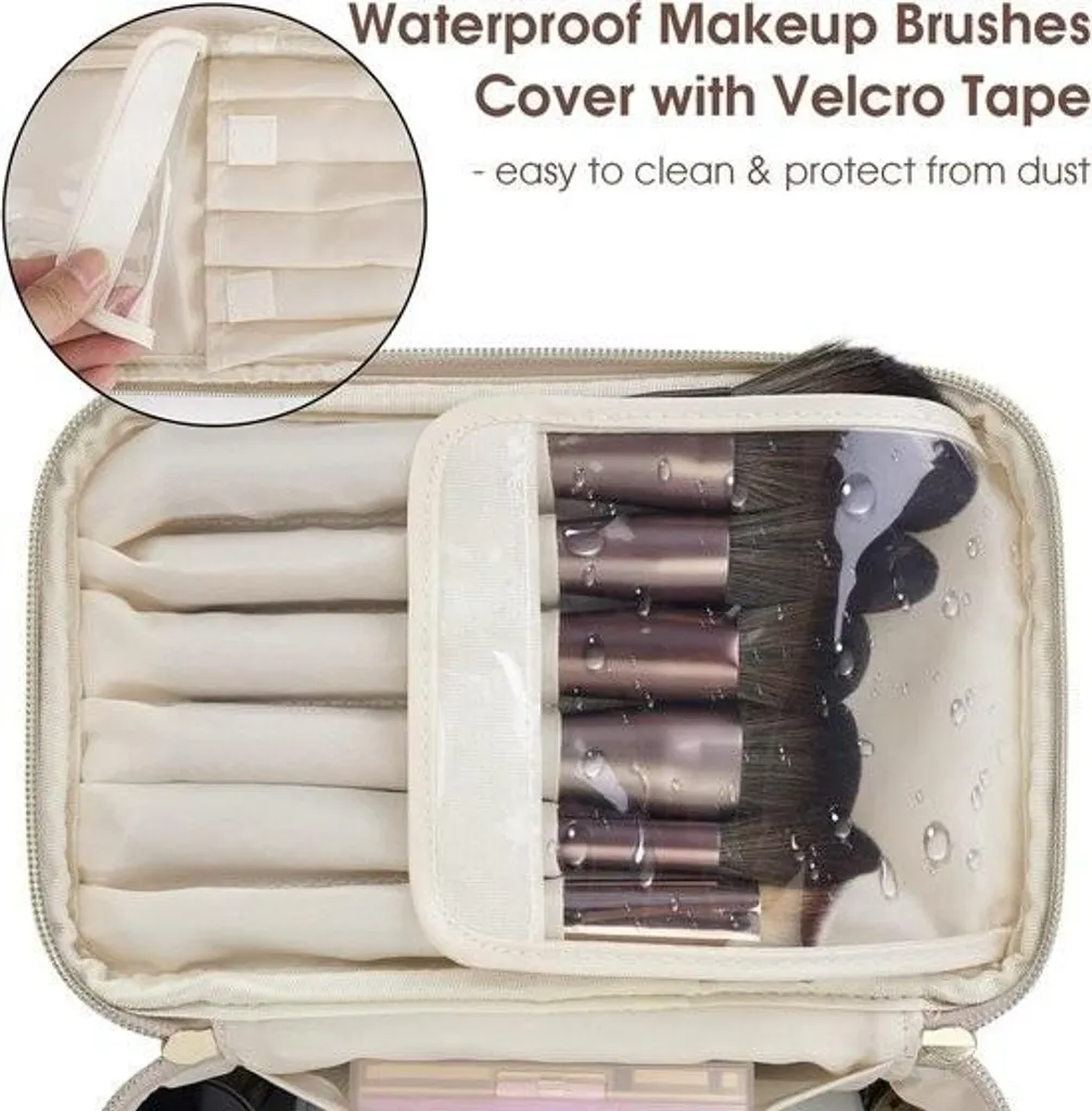 Trousse de toilette femme en cuir PU beige avec compartiment pinceaux