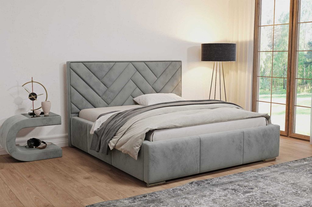 AGMAT Polsterbett VENUS mit Kopfteil, 200 x 200 cm, Doppelbett mit Bettkasten und Lattenrost aus Metall, Velourstoff: Hellgrau