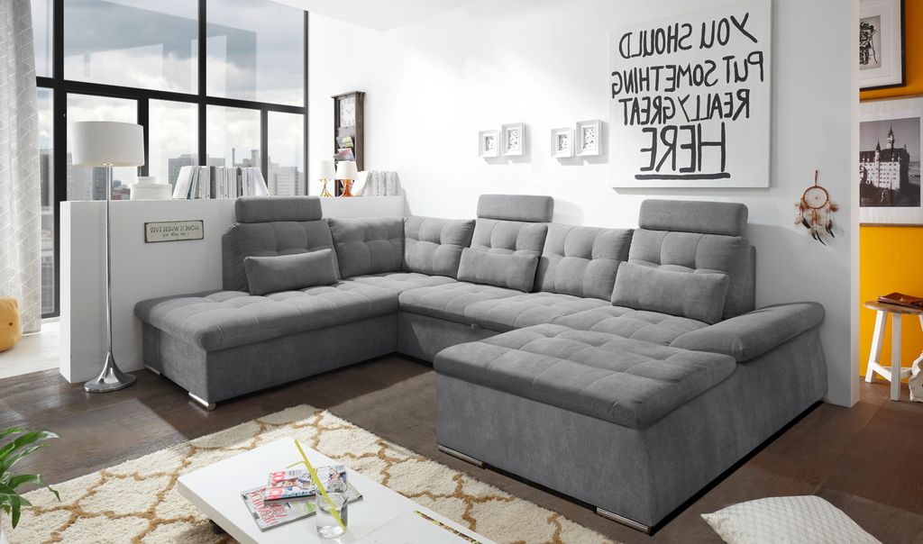 Couch Nalo Sofa Schlafcouch Bettsofa Schlafsofa Sofabett Wohnlandschaft ausziehbar dunkelgrau Ottomane links U-Form