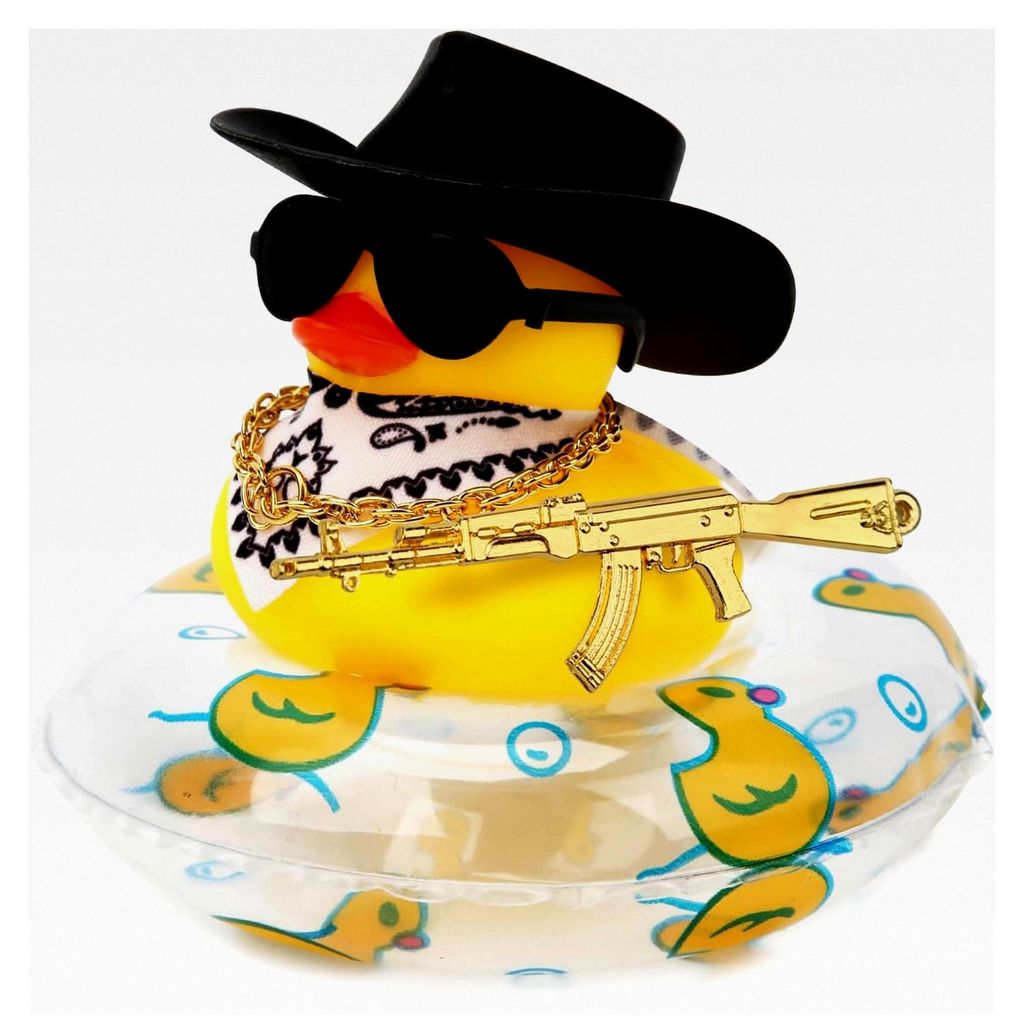 Gummi-Ente für das Auto, Quietscheente für das Armaturenbrett, Badespielzeug Cowboy-Ente mit Schwimmring, Mütze und Brille