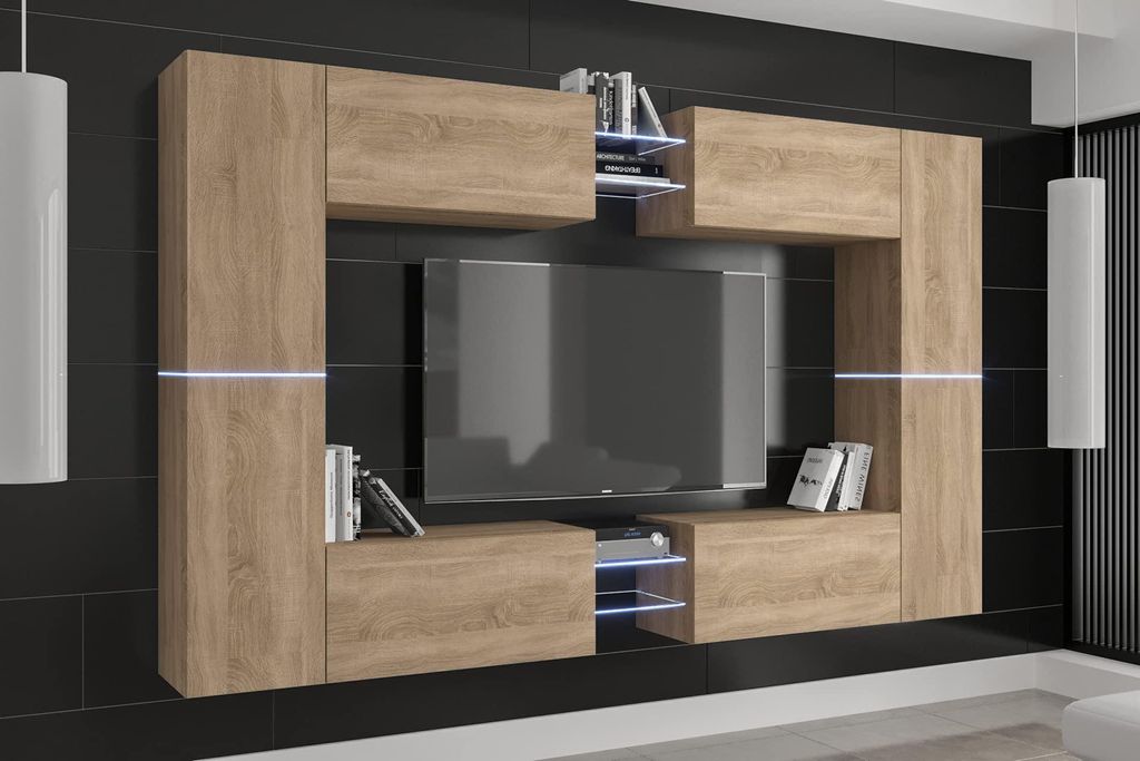 Furnitech Wohnwand Wohnzimmer - Wohnzimmer Möbel mit LED RGB - 16 Farben - Hängend Wohnwand Modern - Regale und TV Schrank (C20N-21S-M5-1C)