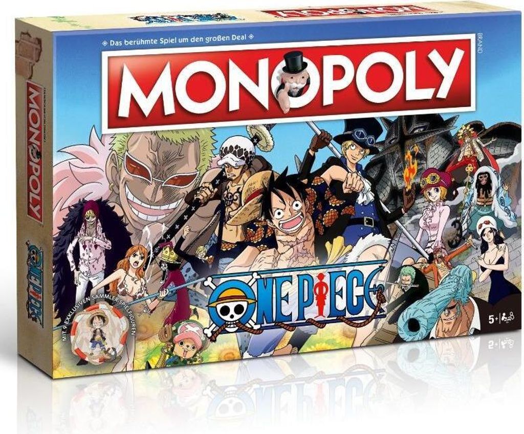The image shows the front of a Monopoly One Piece board game box, featuring various anime characters from the series.
