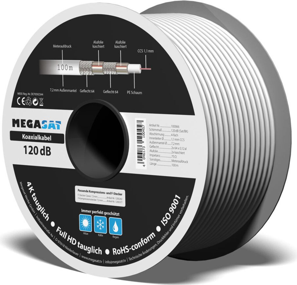 Megasat 75 Ω, 120 dB, 100 m, 100 m, Weiß Produktbild 