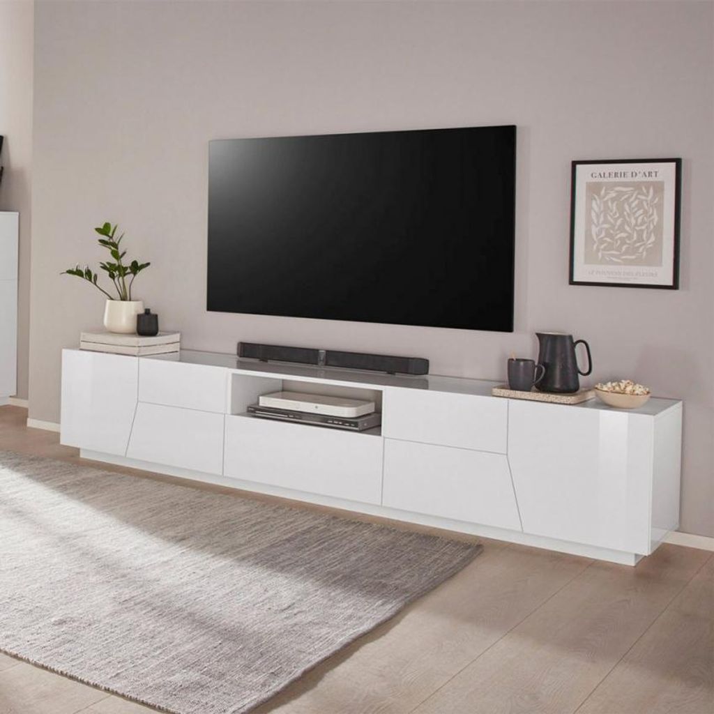 Moderne TV-Bank Wohnzimmer 220x43cm Wand glänzend weiß Fergus