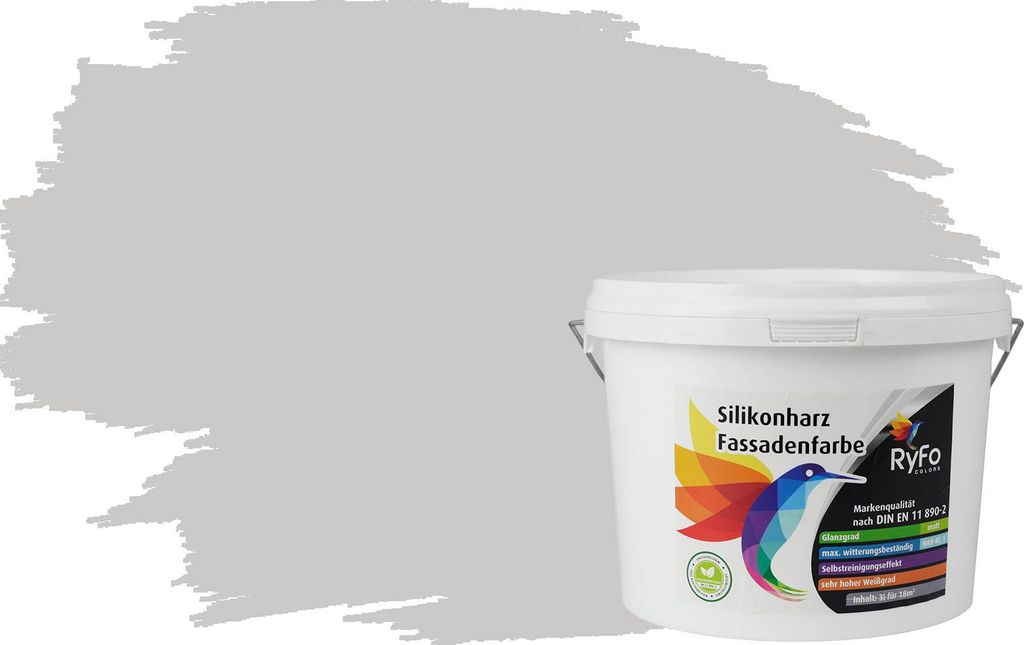 RyFo Colors Silikonharz Fassadenfarbe Lotuseffekt Trend Hellgrau 3l - bunte Fassadenfarbe, weitere Grau Farbtöne und Größen erhältlich, Deckkra...
