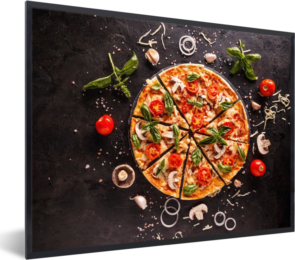 MuchoWow Gerahmtes Poster Pizza - Gemüse - Kräuter - Küche - Industrie 80x60 cm - Poster mit Schwarzem Bilderrahmen Wandposter Rahmen Foto Bil...