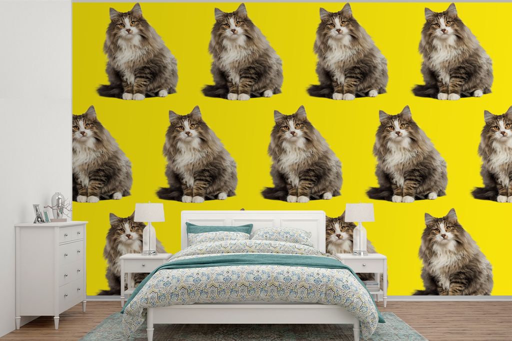 MuchoWow Fototapete für Wohnzimmer oder Schlafzimmer Wandtapete Vinyl Motivtapete Katze - Muster - Gelb - 330x220 cm - Fototapeten
