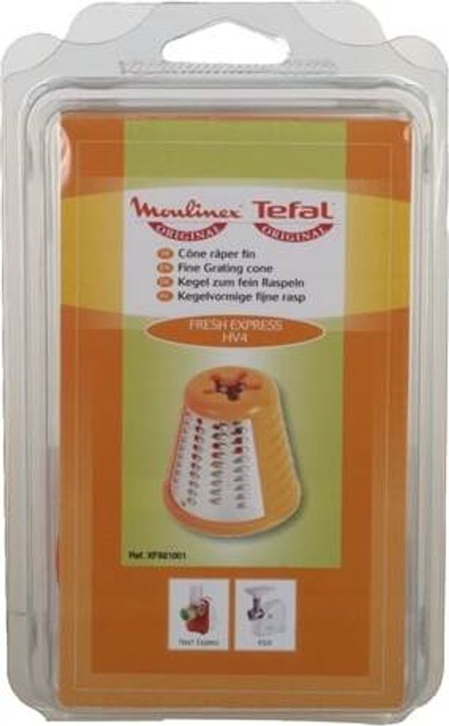 The image shows the retail packaging of a Moulinex Tefal fine grating cone.